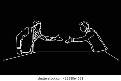 continuous line drawing of two businessmen shaking hands at business meeting