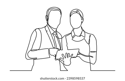 Continuous line drawing of two businessmen and women people discussing in the office room and showing a tab. Business team and teamwork concept. Isolated on a white background.