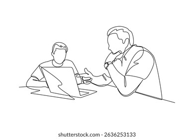 Continuous line drawing of two businessmen discussing work using laptop, minimalist design