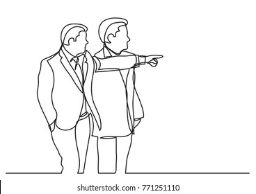 continuous line drawing of two businessmen standing together and pointing