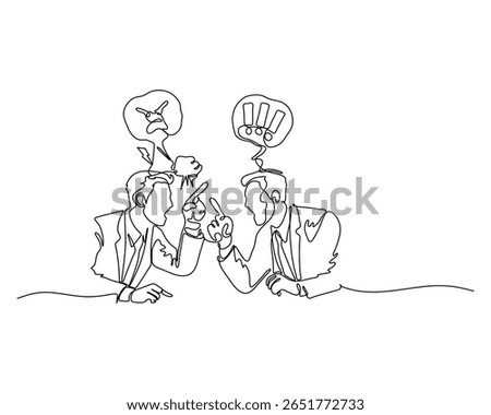 Continuous line drawing of two businessmen arguing intensely with expressive speech bubbles. Concept of workplace conflict, disagreement, emotional reaction, and miscommunication in business.