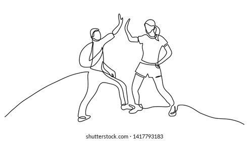 continuous line drawing of two cheerful young campers giving high five