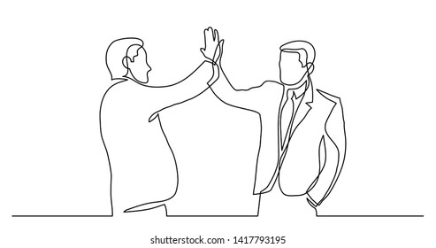 continuous line drawing of two cheerful professionals giving high five