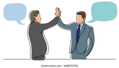 continuous line drawing of two cheerful professionals giving high five