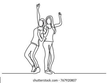 continuous line drawing two cheering happy friends