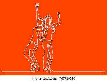 continuous line drawing of two cheering happy friends