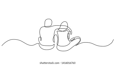 continuous line drawing of two close friends sitting together hugging each other