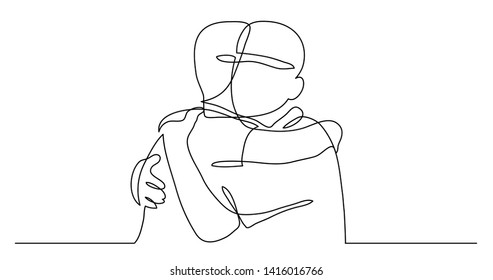 continuous line drawing of two close friends meeting hugging each other