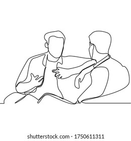 Continuous line drawing of two close friends are talking. Two friends are talking and sitting on a sofa with a white background