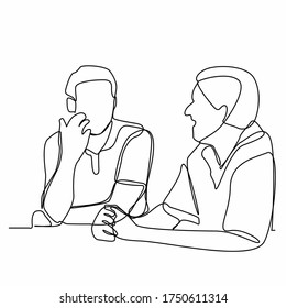 Continuous line drawing of two close friends are talking. Two friends are talking and sitting on a sofa with a white background