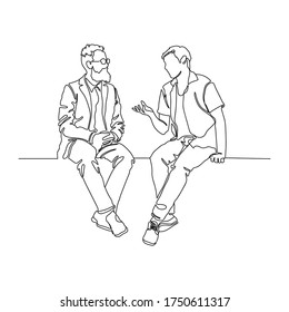 Continuous line drawing of two close friends are talking. Two friends are talking and sitting on a sofa with a white background