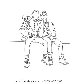 Continuous line drawing of two close friends are talking. Two friends are talking and sitting on a sofa with a white background