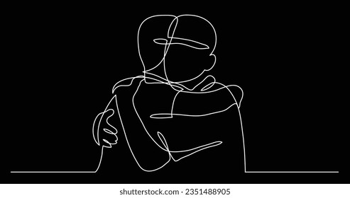 continuous line drawing of two close friends meeting hugging each other