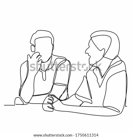 Continuous line drawing of two close friends are talking. Two friends are talking and sitting on a sofa with a white background