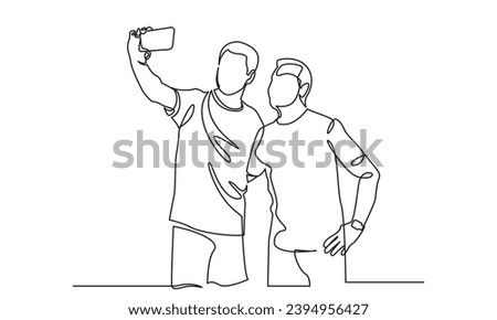 continuous line drawing of two close friends taking selfies. the concept of friendship, selfy, emotional support, and comfort in someone's happy moment. single-line vector illustration.
