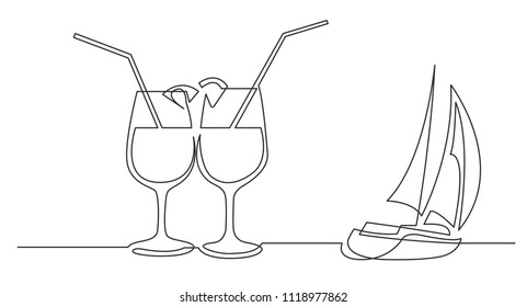 continuous line drawing of two cocktail drinks and sailing boat