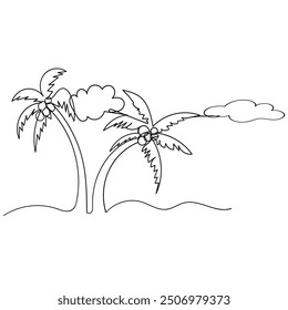 continuous line drawing two coconut trees on the beach