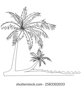 continuous line drawing two coconut trees on the beach