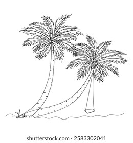 continuous line drawing two coconut trees on the beach