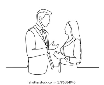 continuous line drawing of two colleagues standing and talking. continuous line drawing of man and woman discussing work. Vector illustration.