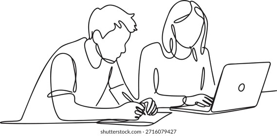 Dibujo de línea continuo de dos colegas que trabajan juntos en la computadora portátil y el documento de papel en el escritorio. Hombre y mujer colaborando en el proyecto. Concepto de trabajo en equipo, asociación empresarial y carga de trabajo compartida para tareas educativas o profesionales.