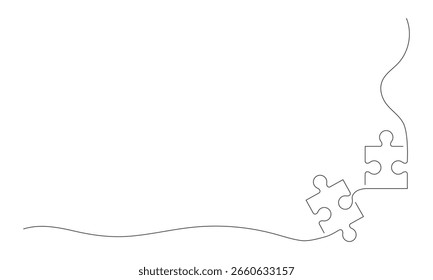 Desenho de linha contínua de duas peças de quebra-cabeça conectadas. Minimalista simbolizando trabalho em equipe, compatibilidade e resolução de problemas. Limpe o contorno no plano de fundo branco. Ilustração vetorial