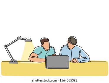 continuous line drawing of two coworkers working together with laptop computer