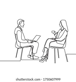 Continuous line drawing of two coworkers are having a discussion. Businessman and businesswoman sits in the office and talks while working.
