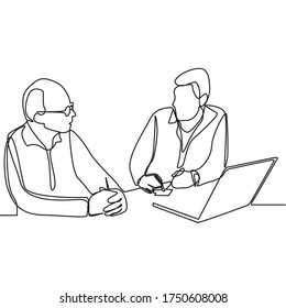 Continuous line drawing of two coworkers are having a discussion. Two businessman sits in the office and talks while working.