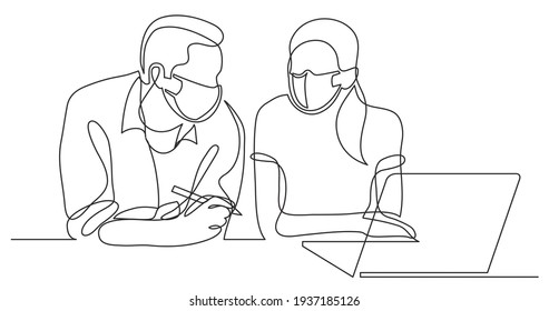 Continuous Line Drawing Of Two Coworkers Talking Wearing Face Masks