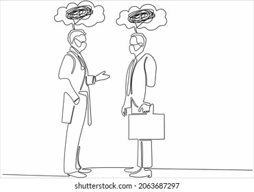 dibujo de línea continua de dos compañeros de trabajo parados y hablando, mareados por la idea de un negocio en quiebra