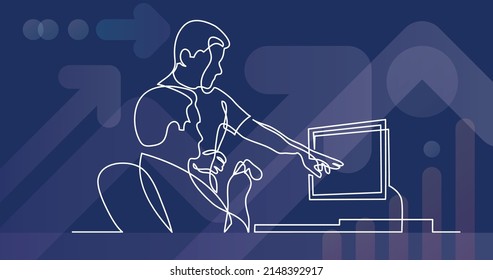 dibujo de línea continua de dos compañeros de trabajo discutiendo el trabajo en pantalla