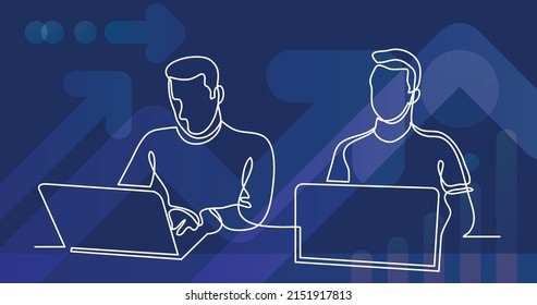 continuous line drawing of two coworkers working on laptops
