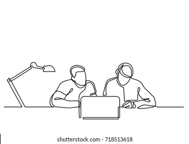 continuous line drawing of two coworkers working together with laptop computer