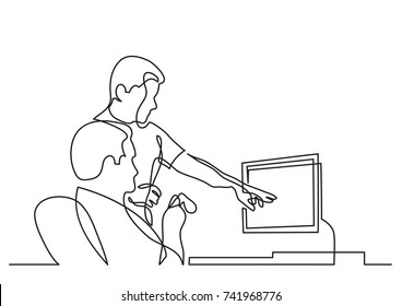 continuous line drawing of two coworkers discussing work on screen