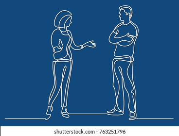 continuous line drawing of two coworkers standing and talking