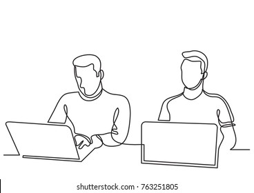 continuous line drawing of two coworkers working on laptops