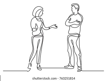 continuous line drawing of two coworkers standing and talking