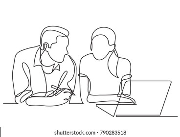 continuous line drawing of two coworkers talking
