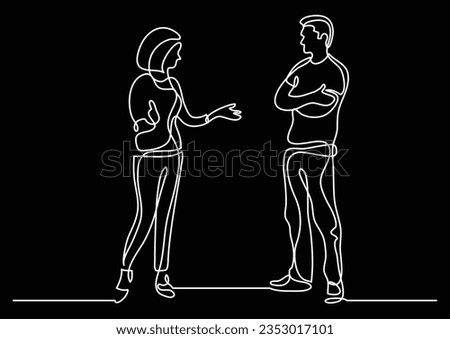 continuous line drawing of two coworkers standing and talking