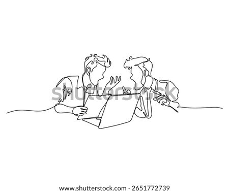Continuous line drawing of two coworkers arguing over a laptop. Concept of workplace conflict, disagreement, and tension in professional communication or decision-making