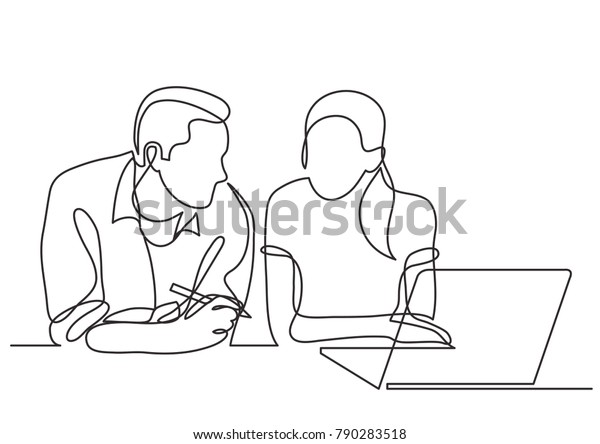 continuous line\
drawing of two coworkers\
talking
