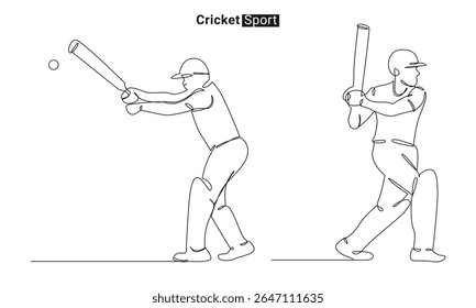 Continuous line drawing of two cricket players holding bats, ready to strike the ball, representing the dynamic action of the sport.