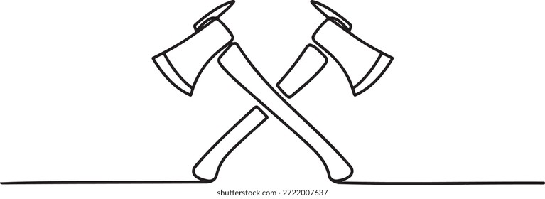 Dibujo de línea continua de dos ejes cruzados. Un diseño de contorno minimalista que simboliza el trabajo duro, la fuerza y las herramientas tradicionales. Esta simple ilustración de una sola línea representa la robustez, la carpintería y la silvicultura, lo que la hace ideal para varios proyectos de diseño.