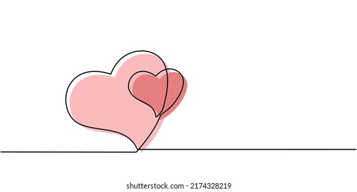 Continuous line drawing of two cute and sweet hearts. Minimalist love symbol. For Valentine's Day greeting cards, lover's birthday, love greetings for couples. love in doodle style.