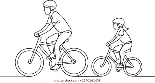 Continuous line drawing of two cyclists riding side by side in minimalist black and white style on bicycles

