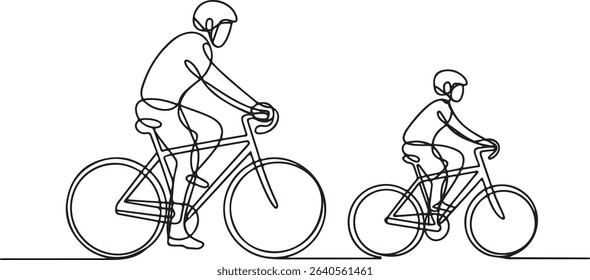 Continuous line drawing of two cyclists riding side by side in minimalist black and white style on bicycles

