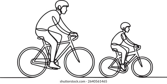 Continuous line drawing of two cyclists riding side by side in minimalist black and white style on bicycles

