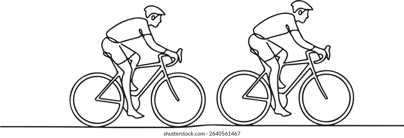 Continuous line drawing of two cyclists riding side by side in minimalist black and white style on bicycles

