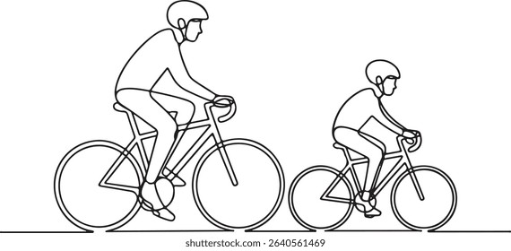 Continuous line drawing of two cyclists riding side by side in minimalist black and white style on bicycles


